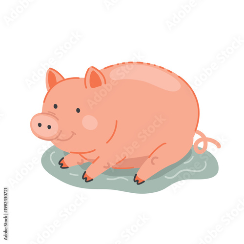 A cute piglet resting in a mud puddle on a white background. Cartoon character illustration for children's design.