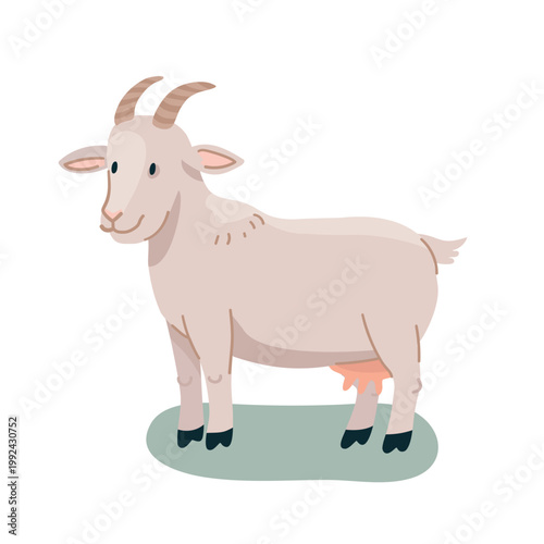 A cute goat standing on the grass. A cartoon farm animal illustration for a children's book in flat style.