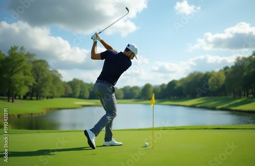 Man in golf attire swings club on green grass course near lake. Golfer aims for hole, ready to hit ball. Professional sport, healthy lifestyle.