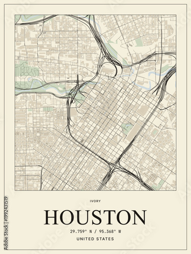 Foto Houston city map print, minimalist street map poster, urban cartography design,