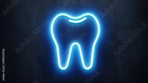 Neon blue tooth sign glowing on dark concrete wall background