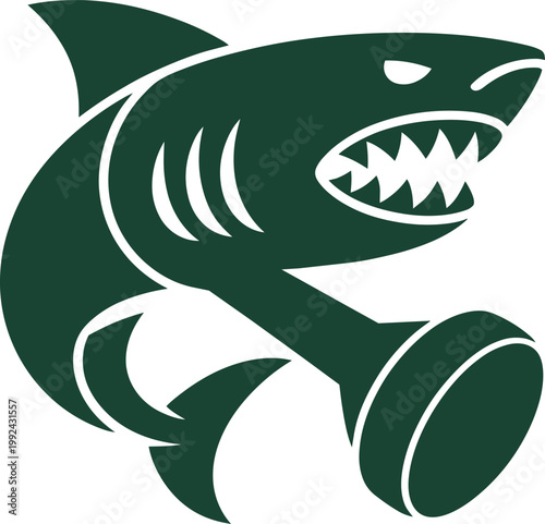 Fierce dark green shark mascot illustration biting a dumbbell with open mouth and sharp teeth in a bold vector