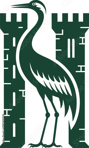 Graceful crane bird standing between 2 fortified castle towers, a minimalist dark green vector illustration