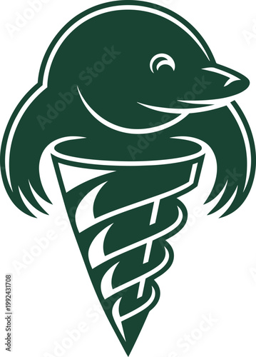 Mole mascot character emerging from a sharp drill bit auger in a minimalist green logo style vector icon set