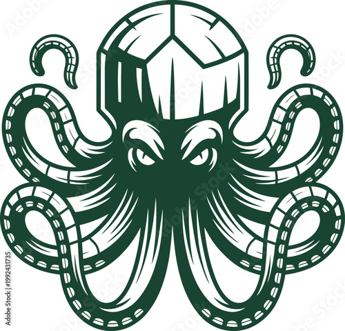 Octopus mascot with angry expression and stylized tentacles in dark green, professional vector illustration