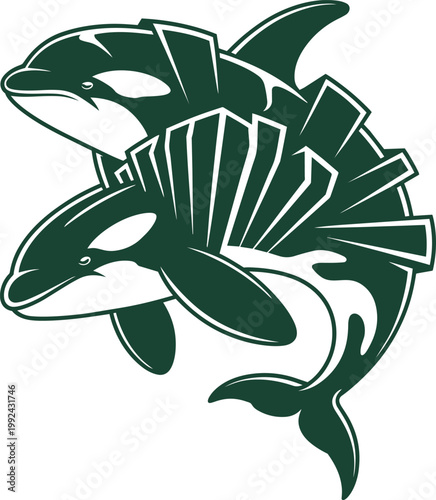 Orca whales with 2 killer whales and integrated city skyscrapers in a stylized forest green vector with dark