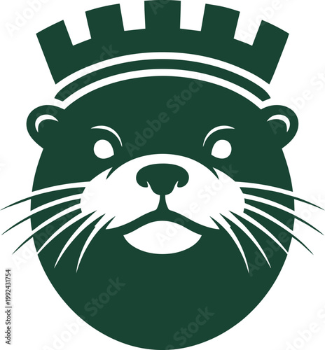 Otter head mascot logo wearing a green crown with castle battlements and long whiskers in flat vector style