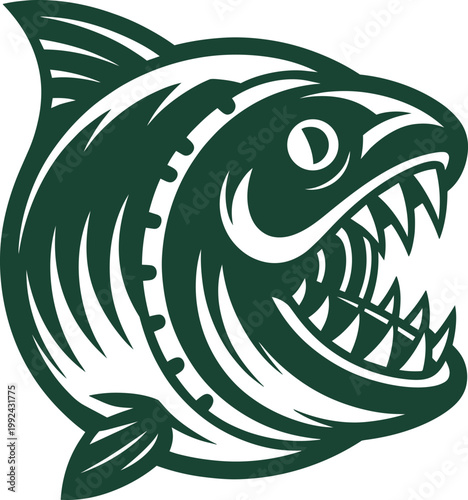 Piranha fish head mascot with sharp teeth and open mouth as a stylized vector illustration with bold green