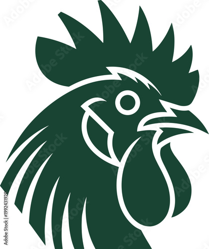 Stylized dark green rooster head illustration, featuring a detailed comb, wattle, and eye, looking right