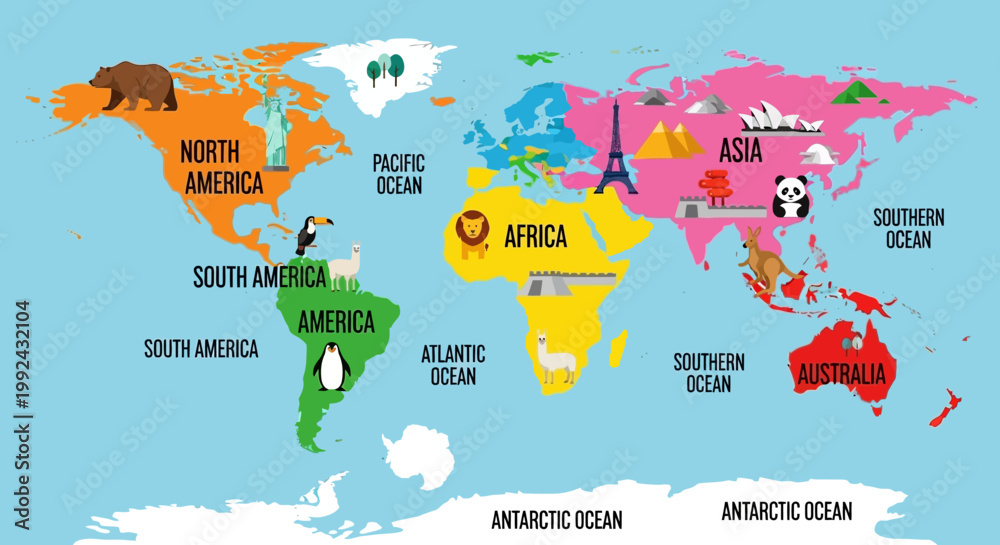 Naklejka premium A colorful illustration of the world map with labeled continents and oceans