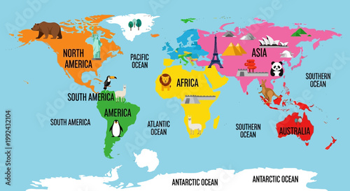 A colorful illustration of the world map with labeled continents and oceans