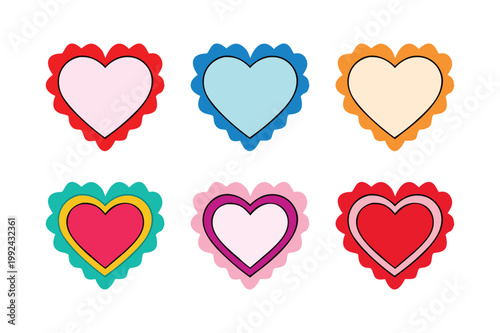 Set of scalloped and layered heart shapes in multiple colors for mother’s day, valentine’s day, love themes, wedding designs, t-shirts and logos concept
