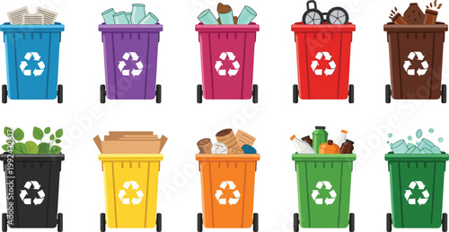 Recycling bins collection with different waste types, garbage sorting containers for paper, plastic, glass, organic and metal, eco waste management vector illustration set