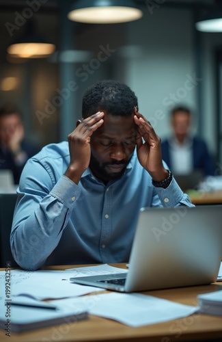Black man holds head in hands with eyes closed, feeling stressed at office desk. Tired businessman works late on laptop with paperwork, suffering from mental strain and fatigue.