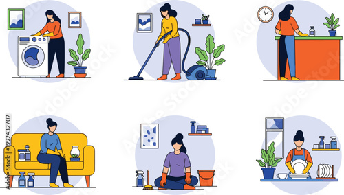 House cleaning service set with people washing, vacuuming, doing laundry and kitchen chores, home hygiene activities, modern flat vector illustration collection