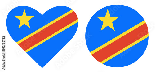 flag of Democratic Republic of the Congo in heart shape and round flag in circle shape set.