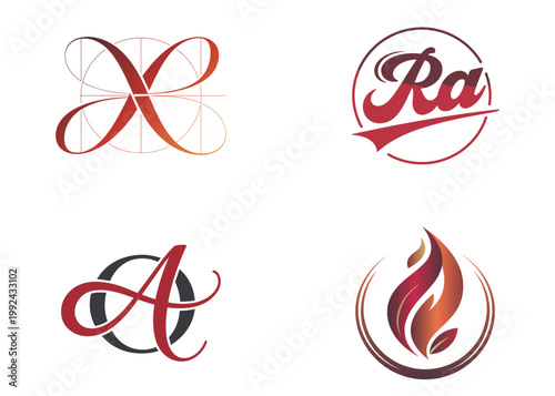 Vector Logo Set Featuring Script Letter Monograms and Abstract Fire Flame Icon with Elegant Gradients