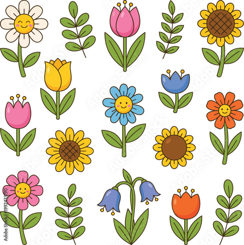 Colorful illustration of various flowers and leaves on white background
