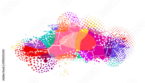 Colored paint blobs with cracks, dots and halftone. Hand drawn. Not AI, vector illustration.