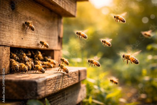 Honey bees flying around wooden beehive entrance in warm sunlight with natural background, active pollination and beekeeping concept, close up wildlife scene
