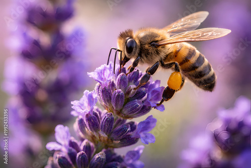 Macro close up of honey bee collecting pollen on lavender flower, detailed insect pollination scene with soft purple background and natural light