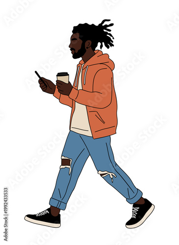 Black Man walks while holding phone and coffee cup. He wears orange hoodie and ripped jeans. Casual stride suggests relaxed urban commute. Illustration style feels modern and approachable
