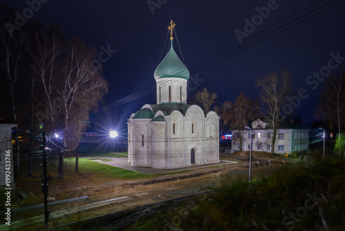 Historic church stands illuminated at night in Pereslavl-Zalessky