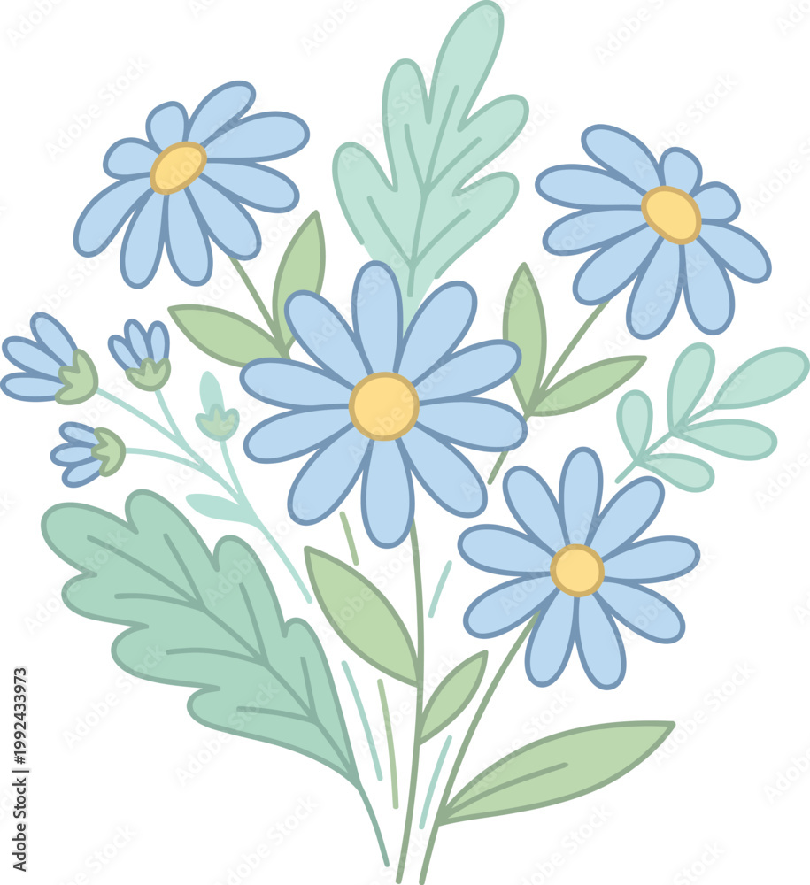 Fototapeta premium A bouquet of blue daisies with green leaves on white background