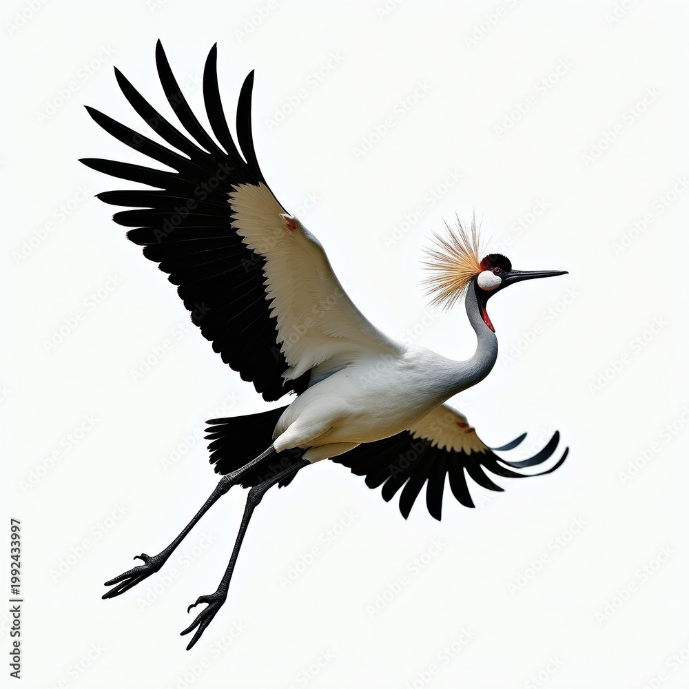 Obraz premium Grey crowned crane flies with wide open wings. Bird has distinctive golden crest and red neck marking. Avian creature in motion during flight.