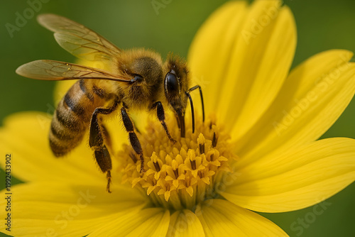 Macro close up of honey bee collecting nectar on yellow flower, detailed pollination process in natural environment, vibrant wildlife and ecology concept