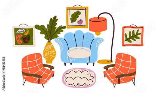 Cozy home interior with blue armchair, lamp and home plant. Modern furniture icons for living room decor stickers, housewarming card, or stay home blog. Vector illustration