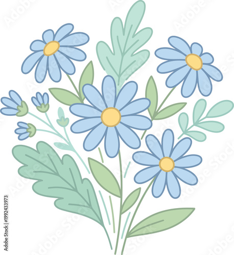 A bouquet of blue daisies with green leaves on white background