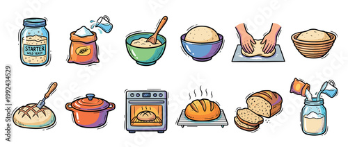 Set of colorful hand-drawn illustrations showing the step-by-step process of making sourdough bread, from feeding the starter to kneading dough and baking a fresh loaf