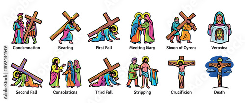 Stations of the Cross illustration set showing twelve colorful icons of the Passion of Christ from condemnation to crucifixion and death in a simple cartoon style