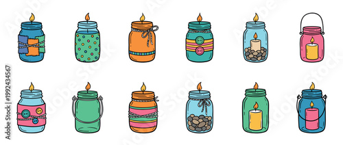 Colorful collection of hand-drawn candles in decorated glass jars with various rustic DIY designs like patches, buttons, and ribbons, creating a cozy and charming atmosphere