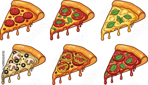 Delicious Cartoon Pizza Slices with Various Toppings Including Pepperoni, Cheese, and Vegetables