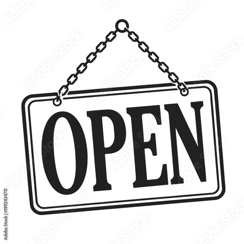 OPEN sign on a chain in vector style in black and white