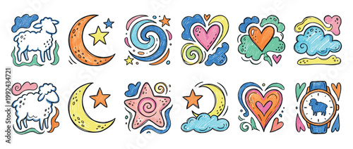 Set of colorful hand-drawn sleep doodles featuring sheep, moons, stars, hearts, and clouds in a playful, childlike crayon texture illustration style