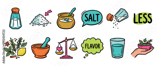 Set of colorful doodle style illustrations showing a low sodium diet concept with less salt and more natural herbs and spices for flavor and healthy eating habits