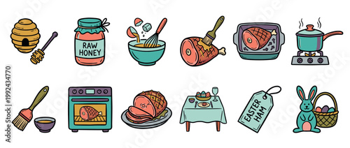 Set of hand-drawn Easter dinner illustrations showing the steps for cooking a honey-glazed ham, including a festive table setting, bunny, and basket of eggs