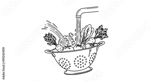 Fresh Vegetables Washing Line Art Illustration Colander Kitchen Vector Hygiene Set