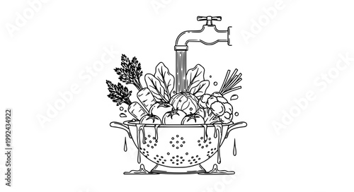 Vegetable Washing Line Art Vector Set Kitchen Colander Food Hygiene Illustration