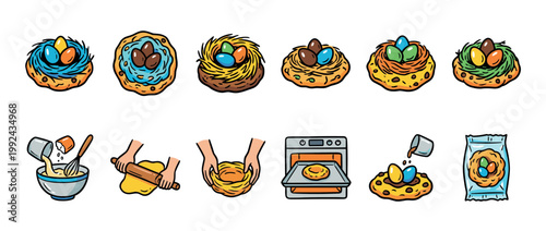 Collection of colorful Easter nest cookie illustrations showing a step-by-step baking recipe from mixing dough to decorating the festive holiday treats with candy eggs