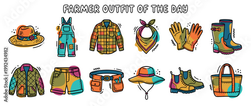 Colorful hand-drawn collection of farmer's clothing and accessories for gardening, including a hat, boots, and overalls in a cute doodle style
