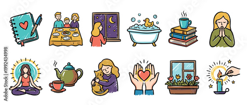Colorful set of hand-drawn doodle icons representing hygge, self-care, and wellness concepts like meditation, reading, and family time in a charming cartoon style