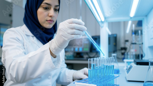 A professional female researcher wearing a hijab and lab coat uses a pipette to conduct clinical experiments in a high-tech medical laboratory setting. Generative AI.