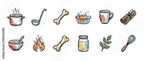 Collection of hand-drawn cooking icons for making bone broth, including a steaming pot, ladle, bones, soup bowl, jar, and spices in a sketchy watercolor illustration style
