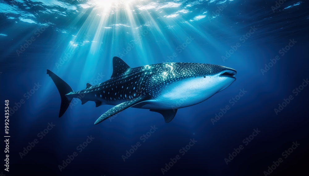 Obraz premium Majestic whale shark gliding through azure waters with sunbeams, marine life wonder