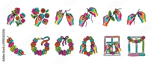 Set of colorful hand-drawn icons showing the step-by-step process of making a flower wreath and garland for decoration in a vibrant doodle and line art illustration style