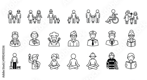 Collection of simple black and white line art icons depicting people and professions